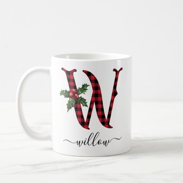 Buffalo Plaid W Monogram Christmas Coffee Mug (Gauche)