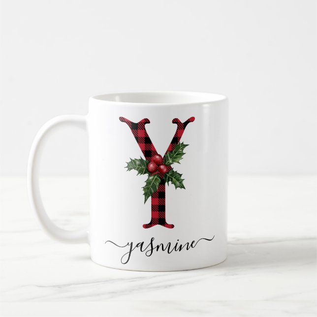 Buffalo Plaid Y Monogram Christmas Coffee Mug (Gauche)