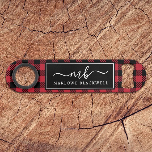 Buffalo rustique Plaid Red Black Monogramme Nom (Créateur téléchargé)