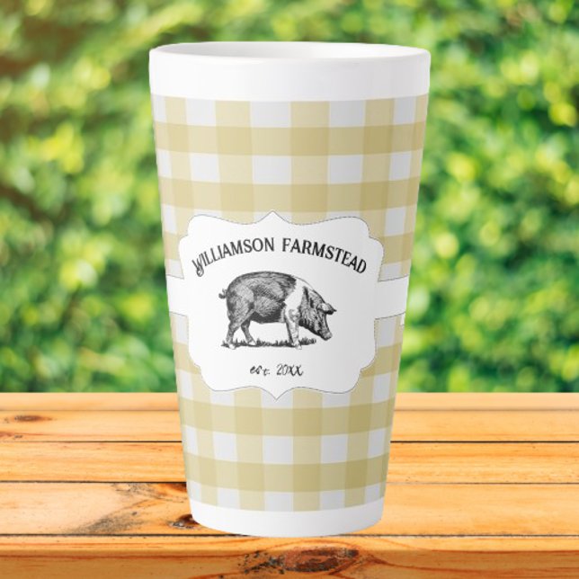 Buffle jaune Plaid Farm Pig Latte Mug (Yellow Buffalo Plaid Farm Pig Personalized Latte Mug)