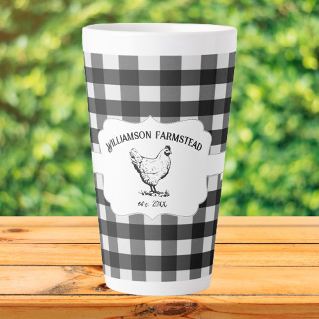 Buffle noir Plaid Farm Poulet Latte Mug (Black Buffalo Plaid Farm Chicken Personalized Latte Mug)