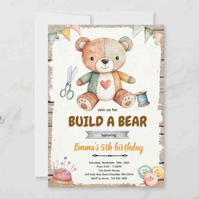 Build-A-Stuffy Birthday party Invitation (Devant)