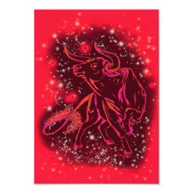 Bull Running At Red Starry Night Photo Print (Devant)
