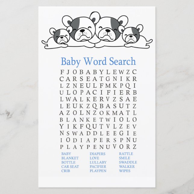 Bulldog Baby shower Word Jeu de recherche (Devant)