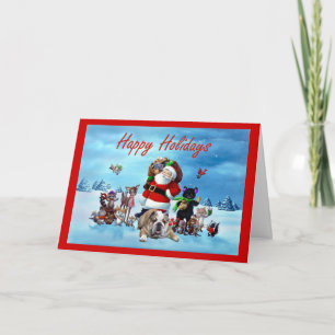 Bulldog Christmas Père Noël et Animaux Carte de vo