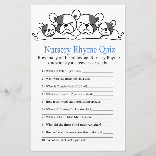 Bulldog Nursery Rhyme Quiz jeu de baby shower (Devant)