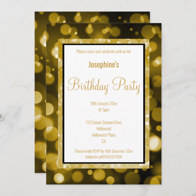 BULLE NOIR ET OR LAYÉ INVITATION ANNIVERSAIRE (Devant / Derrière)