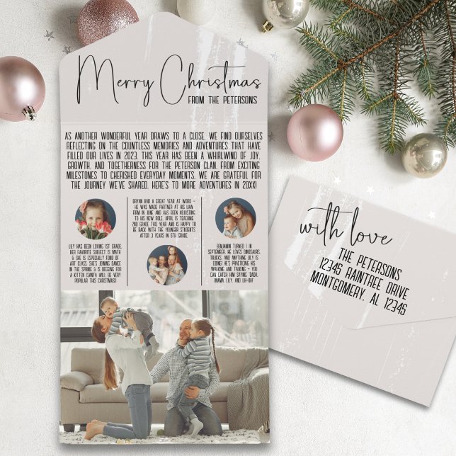 Bulletin de la carte de Noël moderne Année en révi (all in one tear away christmas card end of year newsletter year in review modern holiday photo card)