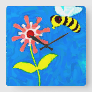 Bumble Bee and Flower Carré Horloge murale