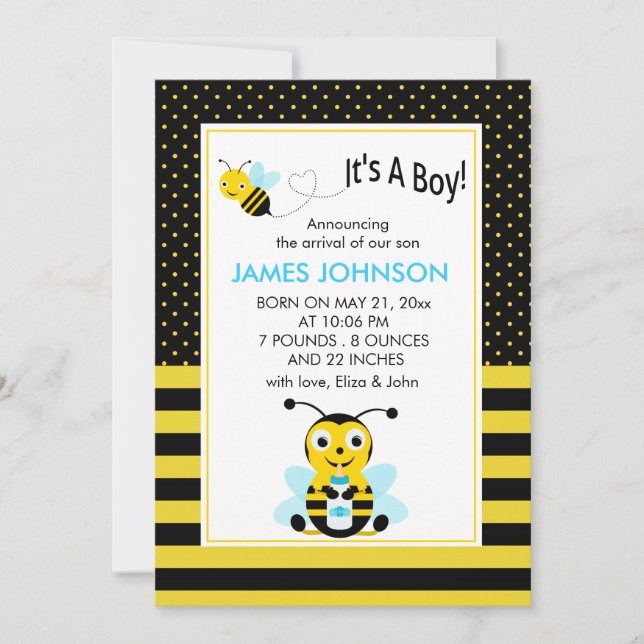 Bumble Bee Baby Boy Carte d'Anniversation de naiss (Devant)