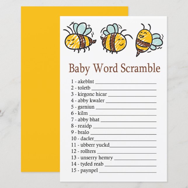Bumble Bee Baby jeu de mots scramble (Devant / Derrière)