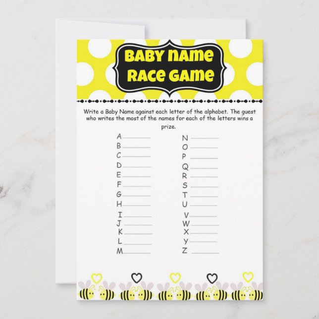 Bumble Bee Baby Name Race - Baby shower Game (Devant)