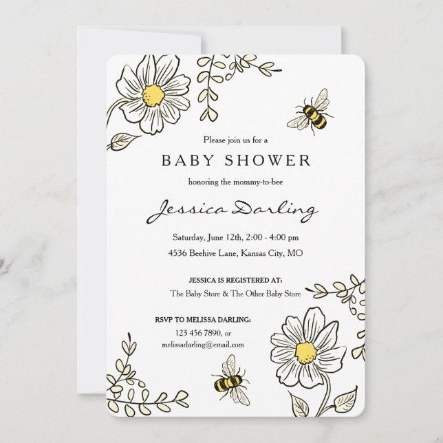 Bumble Bee Baby Shower Invitations | Floral jaune (Devant)