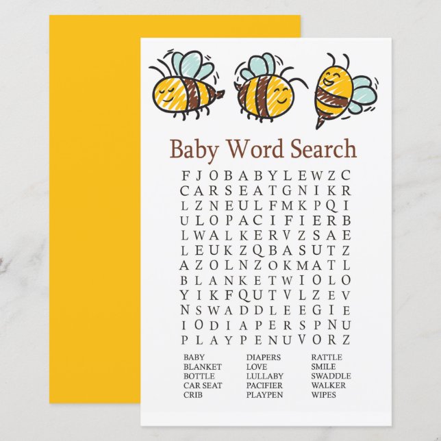 Bumble Bee Baby shower Word Recherche Jeu (Devant / Derrière)