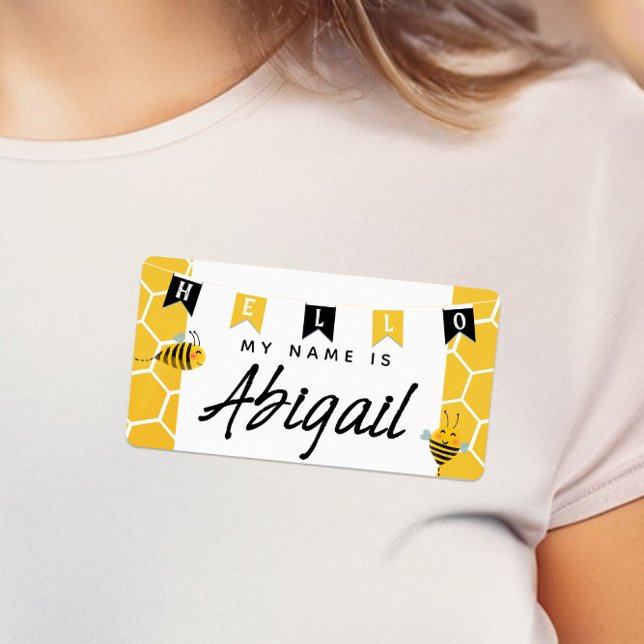 Bumble Bee Honeycomb Bonjour Mon Nom Est Sticker (Cute Bumble Bee Baby Shower "Hello My Name Is" Name Tag in Yellow and Black with Watercolor Bees)