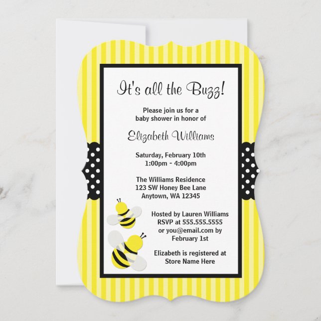 Bumble Bee Striped Dots Baby Shower Invitations (Devant)