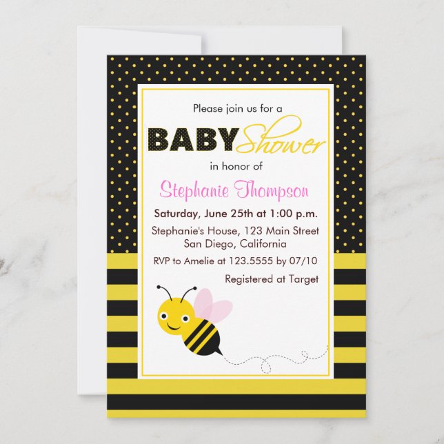 Bumble Bees Girl Baby shower Invitation (Devant)