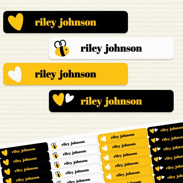 Bumblebee & Yellow Hearts Étiquettes de nom pour e (Personalized bee themed kids waterproof name labels)