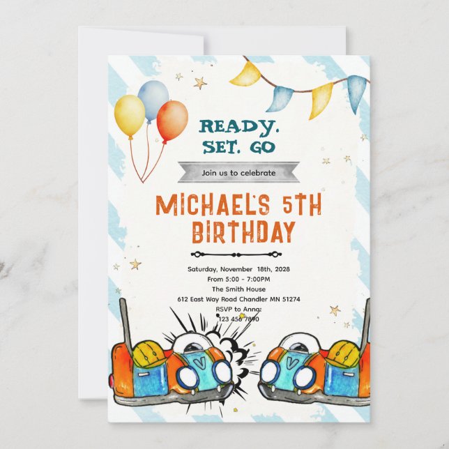 Bumper car birthday party invitation (Devant)