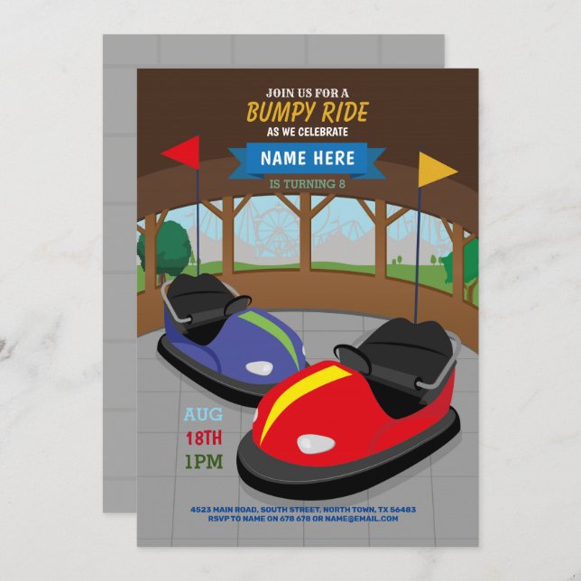 Bumper Cars Invitation Anniversaire Fairground Fai (Devant / Derrière)