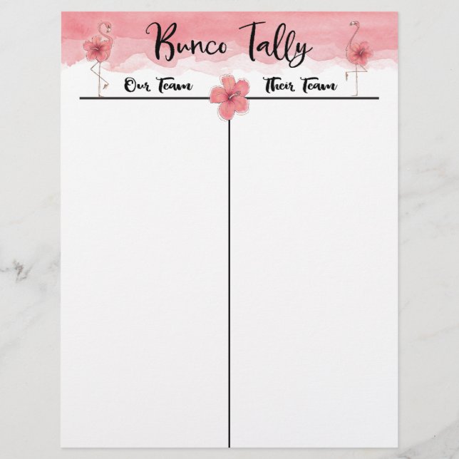Bunco Tally Score Sheet Flamant rose rose Tropical (Devant)