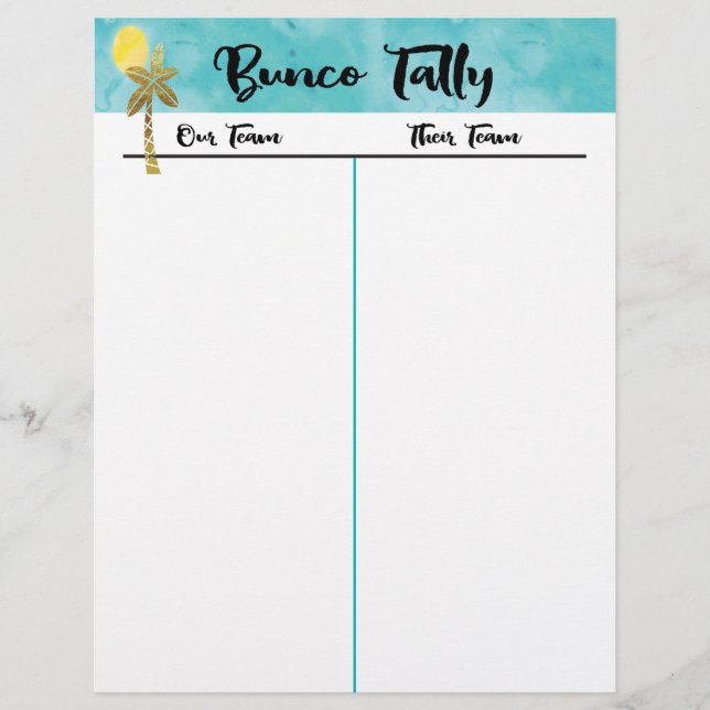 Bunco Tally Sheet - Plage Palm Tree Été Amusement (Devant)