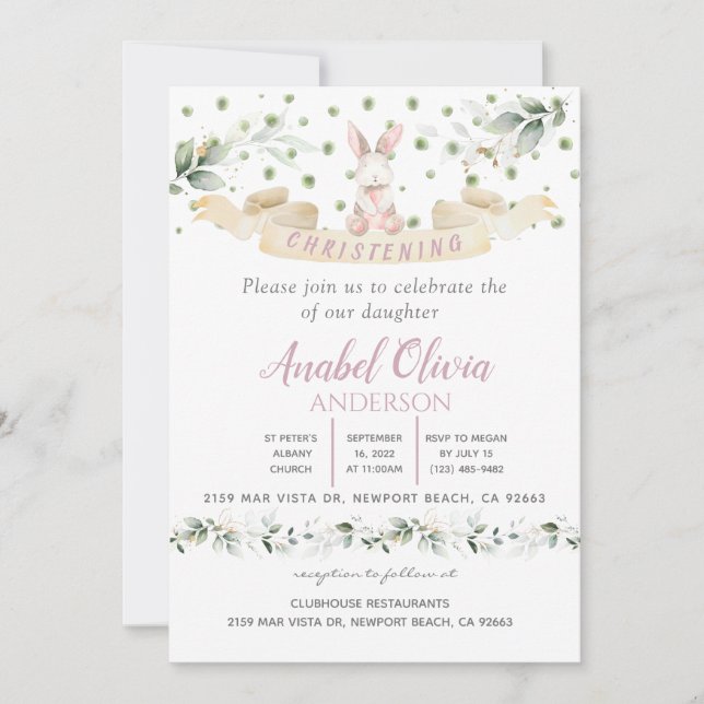 Bunn Rose Floral Verdure Baptême Girl Invitation (Devant)