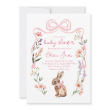 Bunny baby shower invitation fleurs arc rose fille
