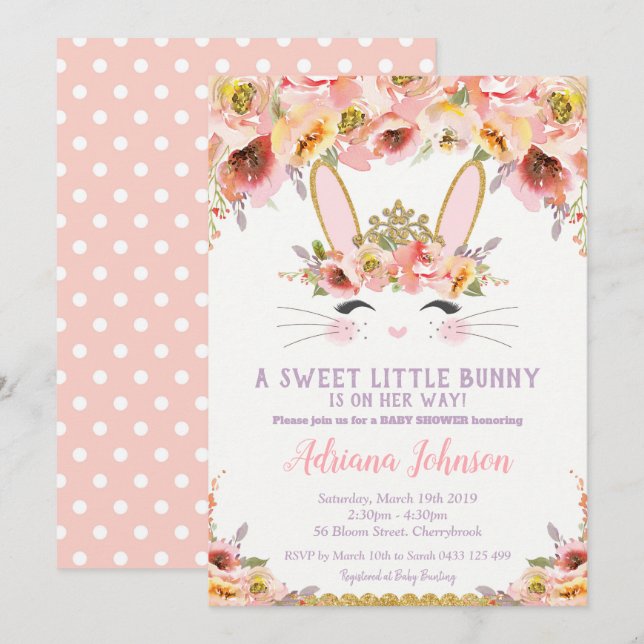 Bunny Baby Shower Invitations Girl Floral Rabbit (Devant / Derrière)