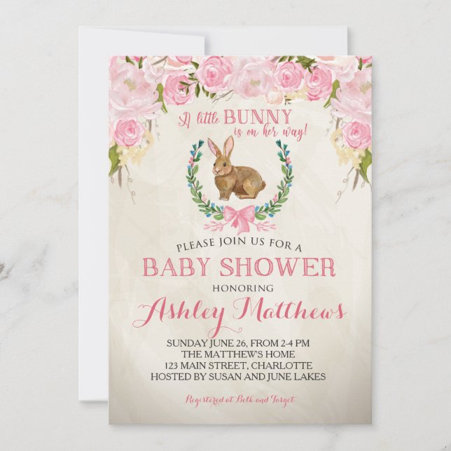 Bunny BABY SHOWER rose Belle Invitation Florale (Devant)