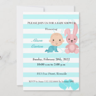 Bunny bleu rayures garçon baby shower invitation