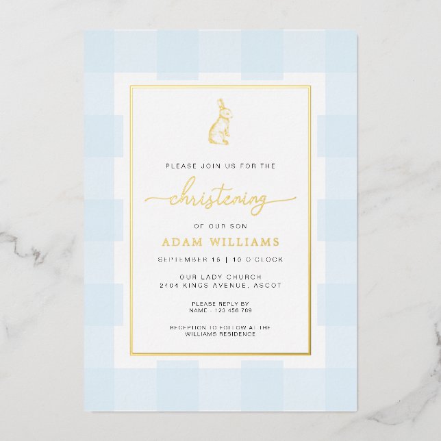 Bunny Blue En vichy Christening Foil Invitation (Recto)