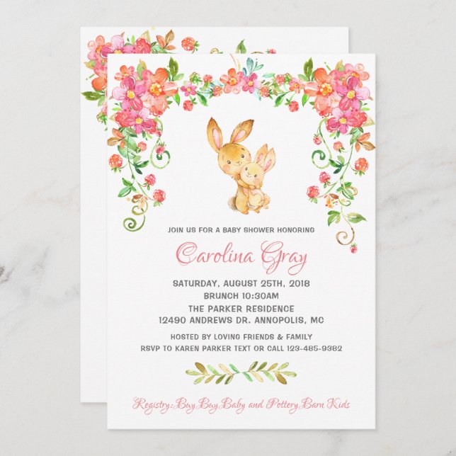 Bunny Boho Invitation Florale Baby shower rose (Devant / Derrière)