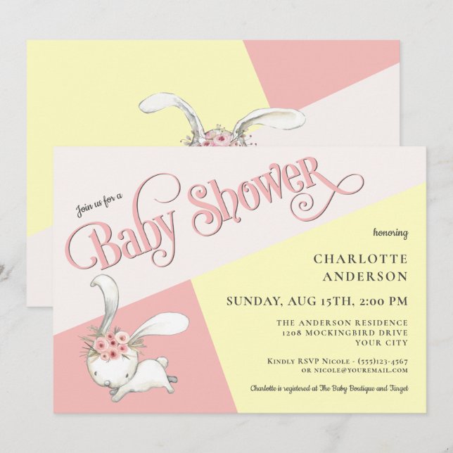 Bunny Cute Pastel Girl Baby shower Invitation (Devant / Derrière)