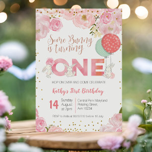Bunny d'or floral 1er anniversaire Invitation flor