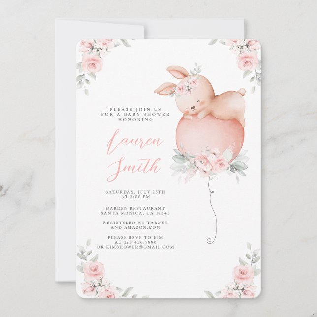 Bunny et Balloon Baby shower Girl Invitation (Devant)