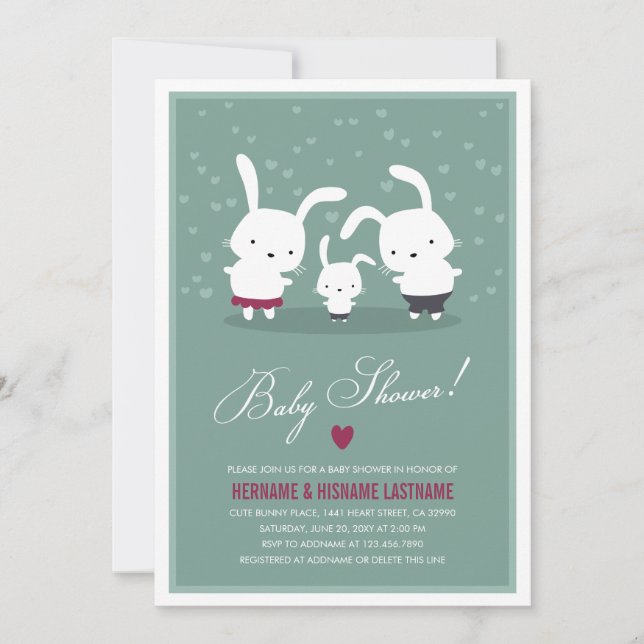 Bunny Family Couples Baby shower Invitation Turquo (Devant)