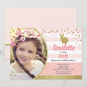 Bunny fille anniversaire photo invitation or rose