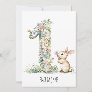 Bunny Floral Aquarelle 1er Invitation Anniversaire
