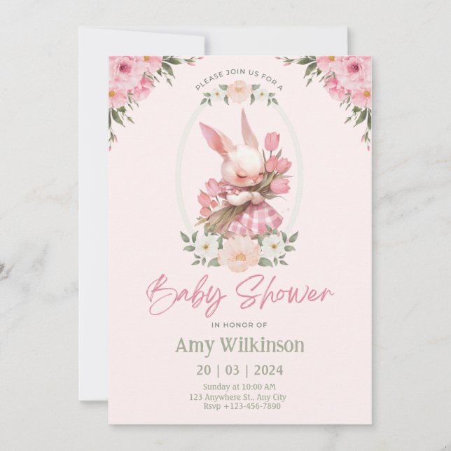 Bunny Floral Babyshower Invitation Preppy (Devant)
