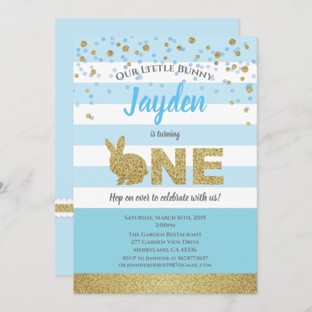 Bunny garçon 1er anniversaire invitation bleu et o (Devant / Derrière)