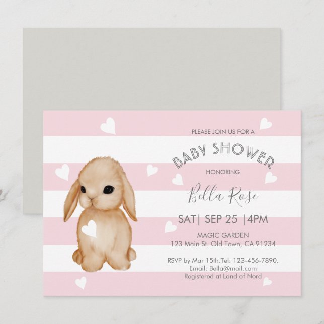 Bunny Gris Rose Bébé Douche Invitations (Devant / Derrière)
