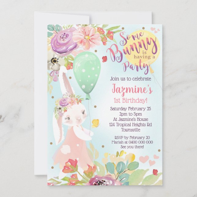 Bunny Invitation Anniversaire Floral Bunny Invitat (Devant)
