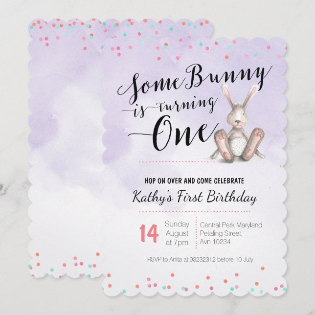 Bunny Invitation Anniversaire PURPLE (Devant / Derrière)