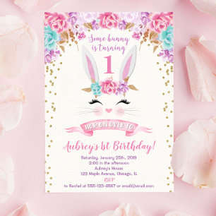 Bunny invitation anniversaire rose et or 1er premi