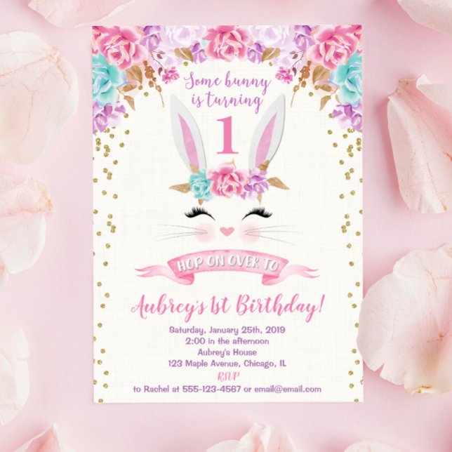 Bunny invitation anniversaire rose et or 1er premi (Créateur téléchargé)