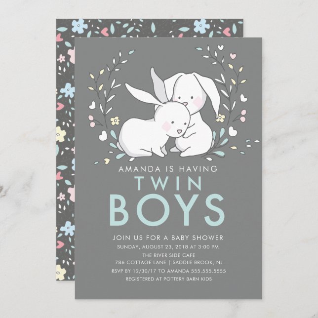 Bunny Love Twin Boys Baby shower Invitation (Devant / Derrière)