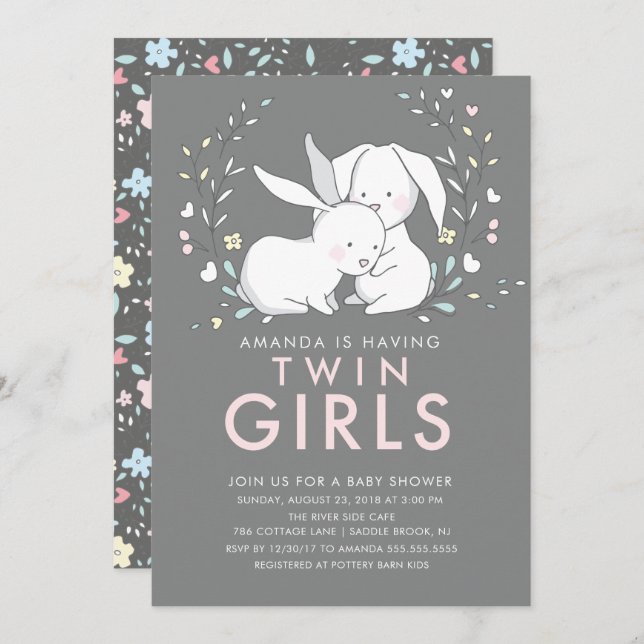 Bunny Love Twin Girls Baby shower Invitation (Devant / Derrière)