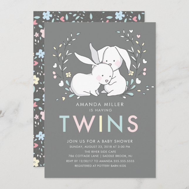 Bunny Love TWINS Baby shower Invitation (Devant / Derrière)