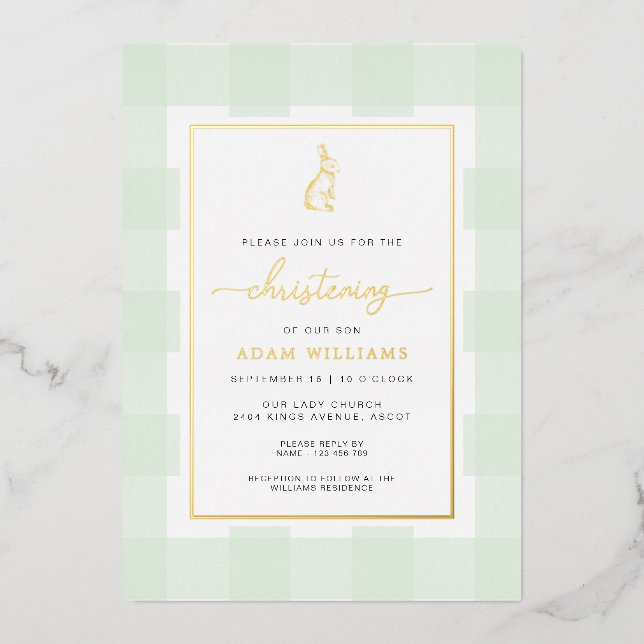 Bunny Mint En vichy Christening Foil Invitation (Recto)